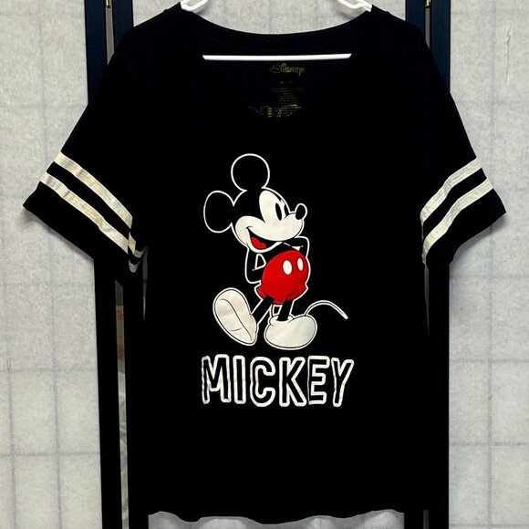 Short Stripe Sleeve V Neck Two Side Mickey Mouse Screen Print Tee Shirt Black 2X - Picture 1 of 13
